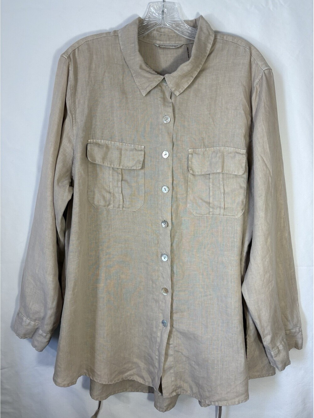 Soft Surroundings 100% Linen Tunic Shirt 2X Beige Drawstring Button Up Top